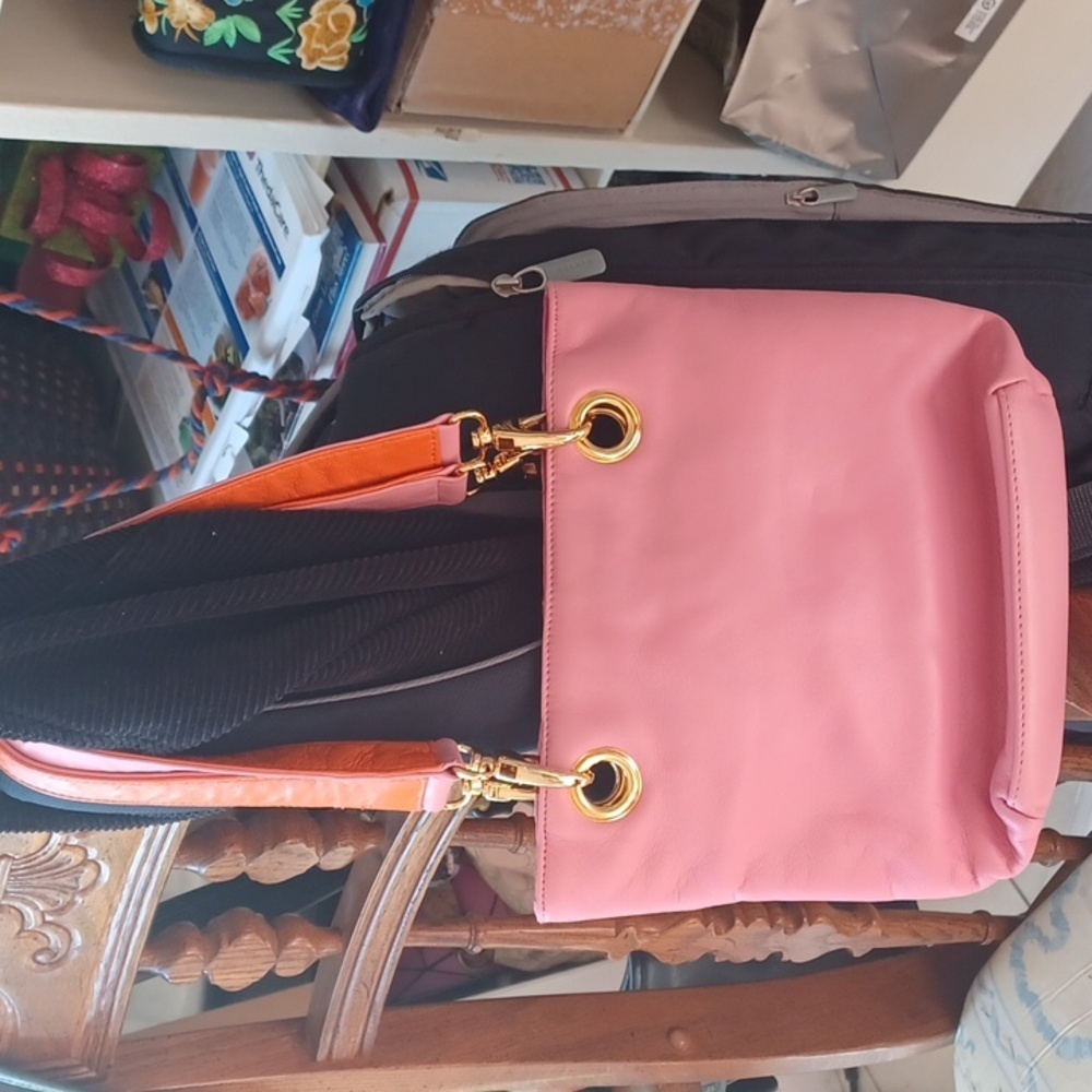 Gani Leather bag, pink & orange, 10x8x3, magnetic closure
